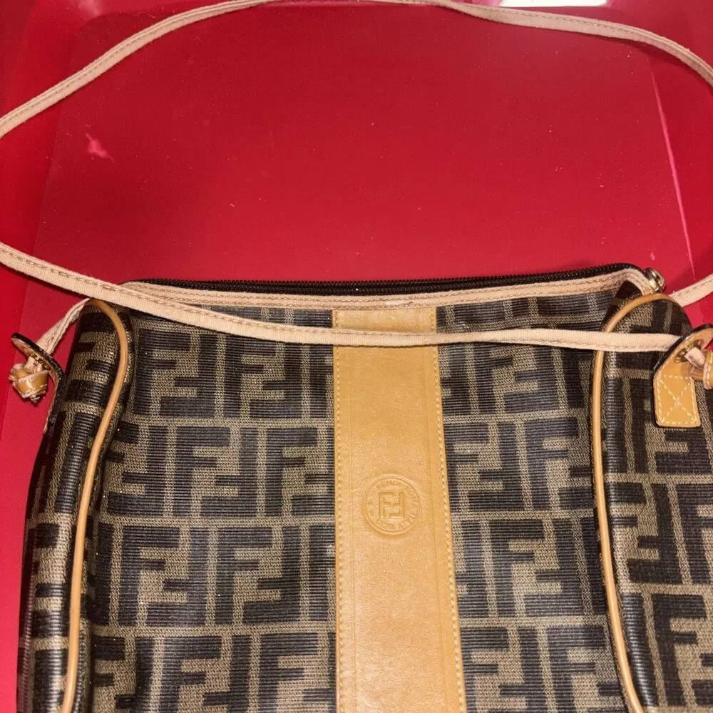 Vintage Fendi Zucca Canvas Shoulder Bag Brown FF Monogram Leather Trim  Italy